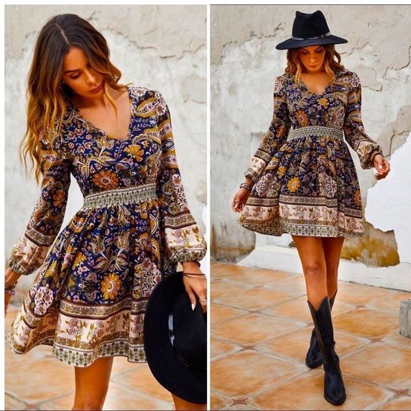 NWT! PAISLEY & FLORAL PRINT BOHO LANTERN SLEEVE A-LINE DRESS/TUNIC-SIZE LARGE! - Picture 2 of 6